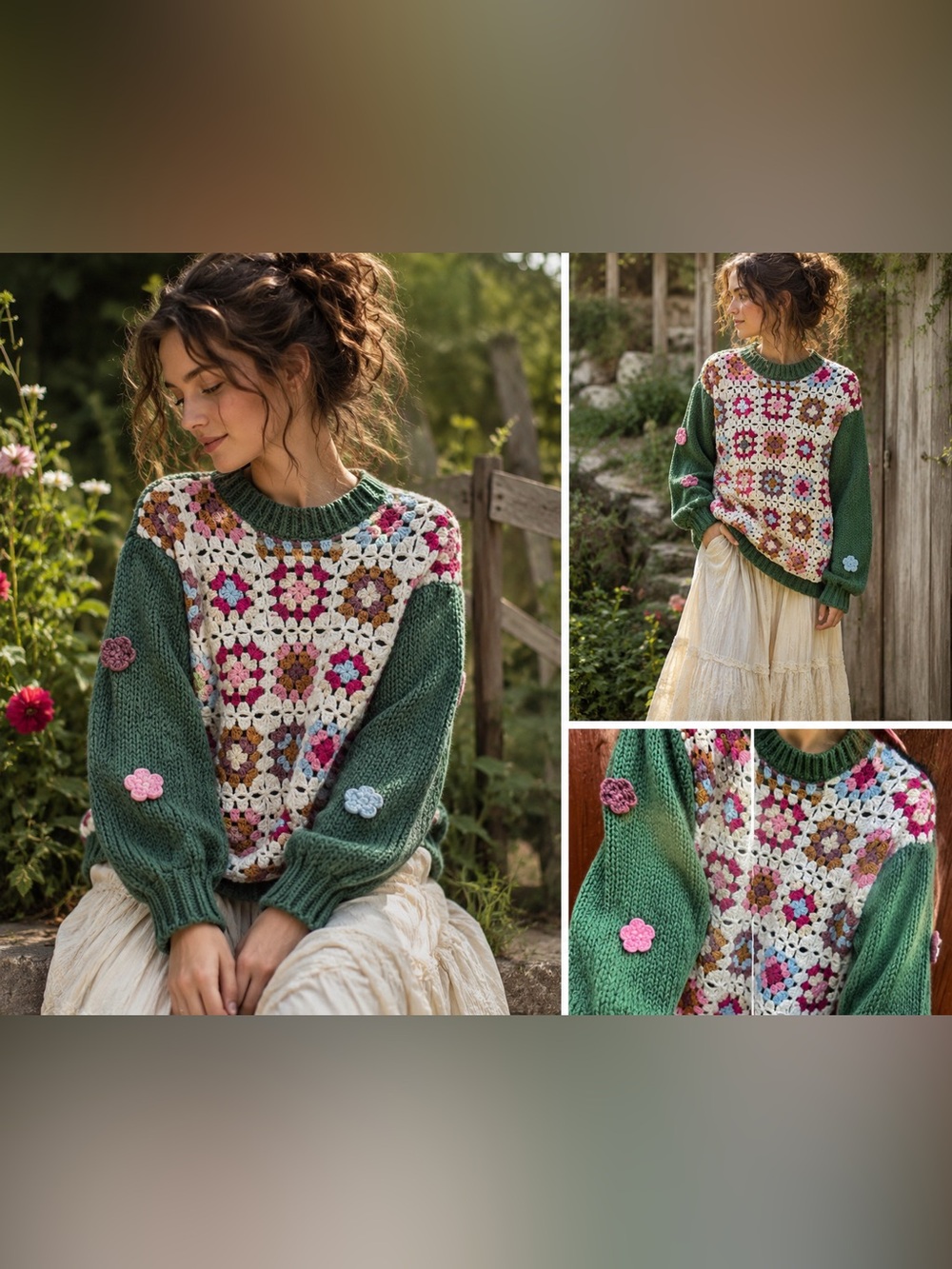 Listicle Oversized Green Crochet Granny Square Sweater Medium Boho Cottagecore